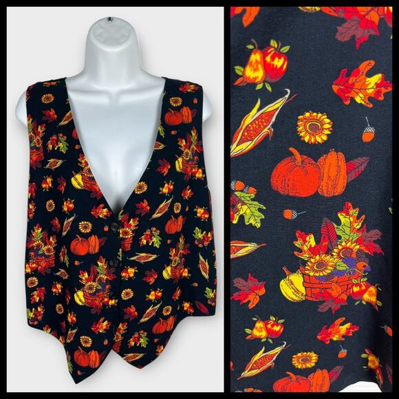 Basic Editions Black Colorful Fall Harvest Vest Thanksgiving 90s XL - Picture 1 of 6